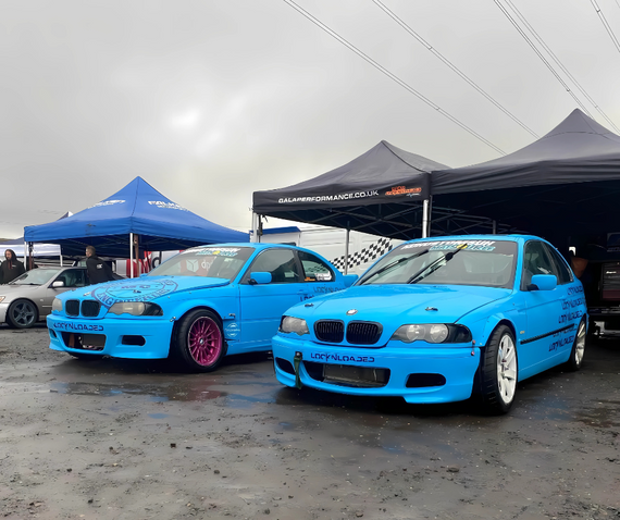 gala performance blue bmw drift cars under awning