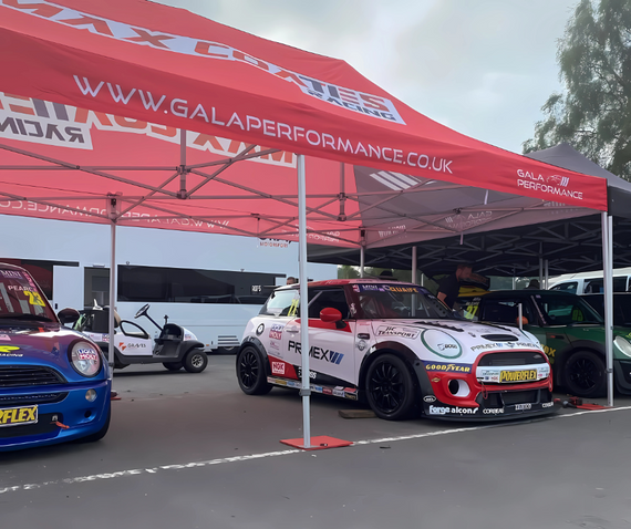gala performance red race awning mini cooper race cars